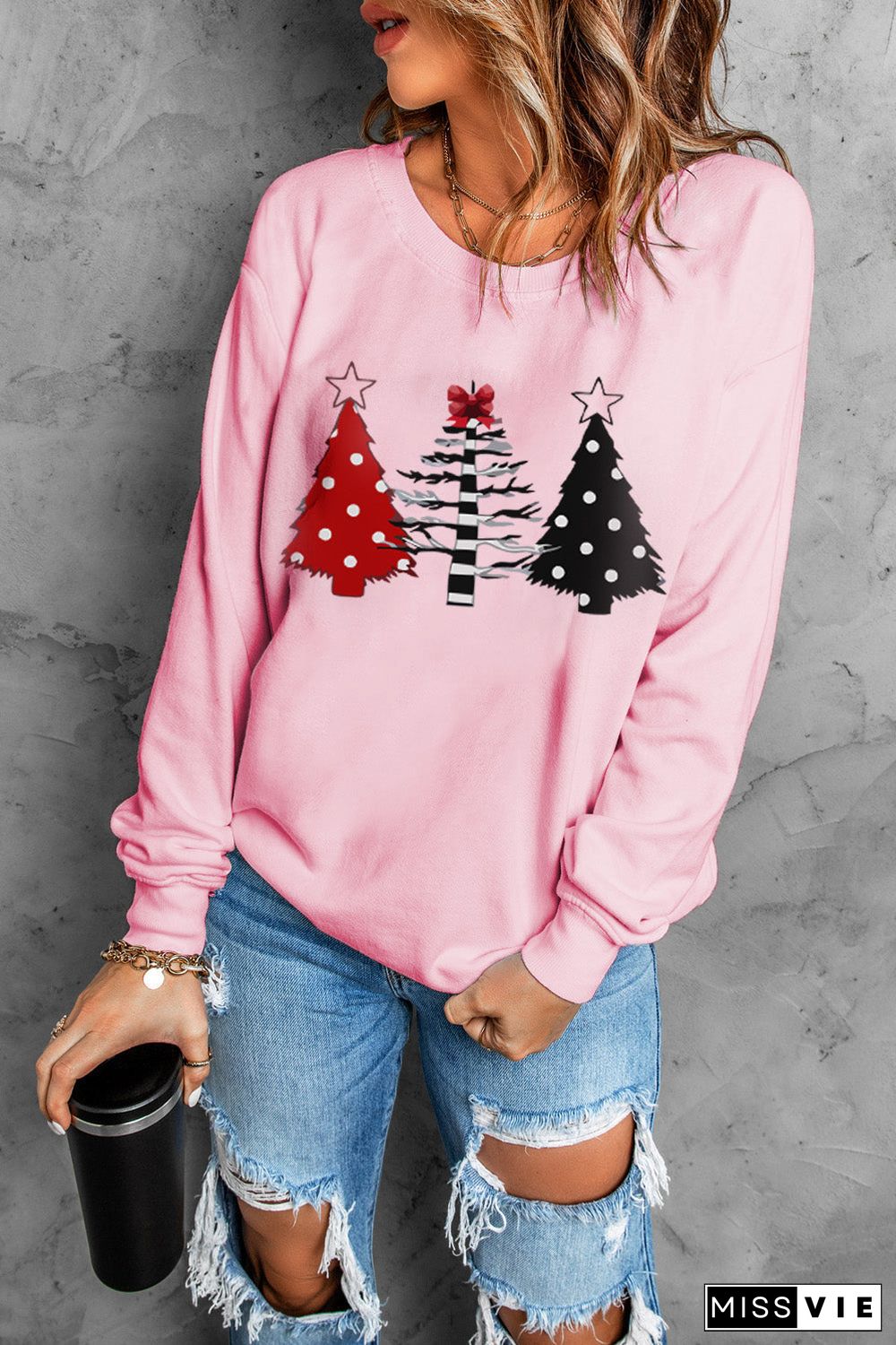 Pink Christmas Tree Graphic Print Pullover Sweatshirt