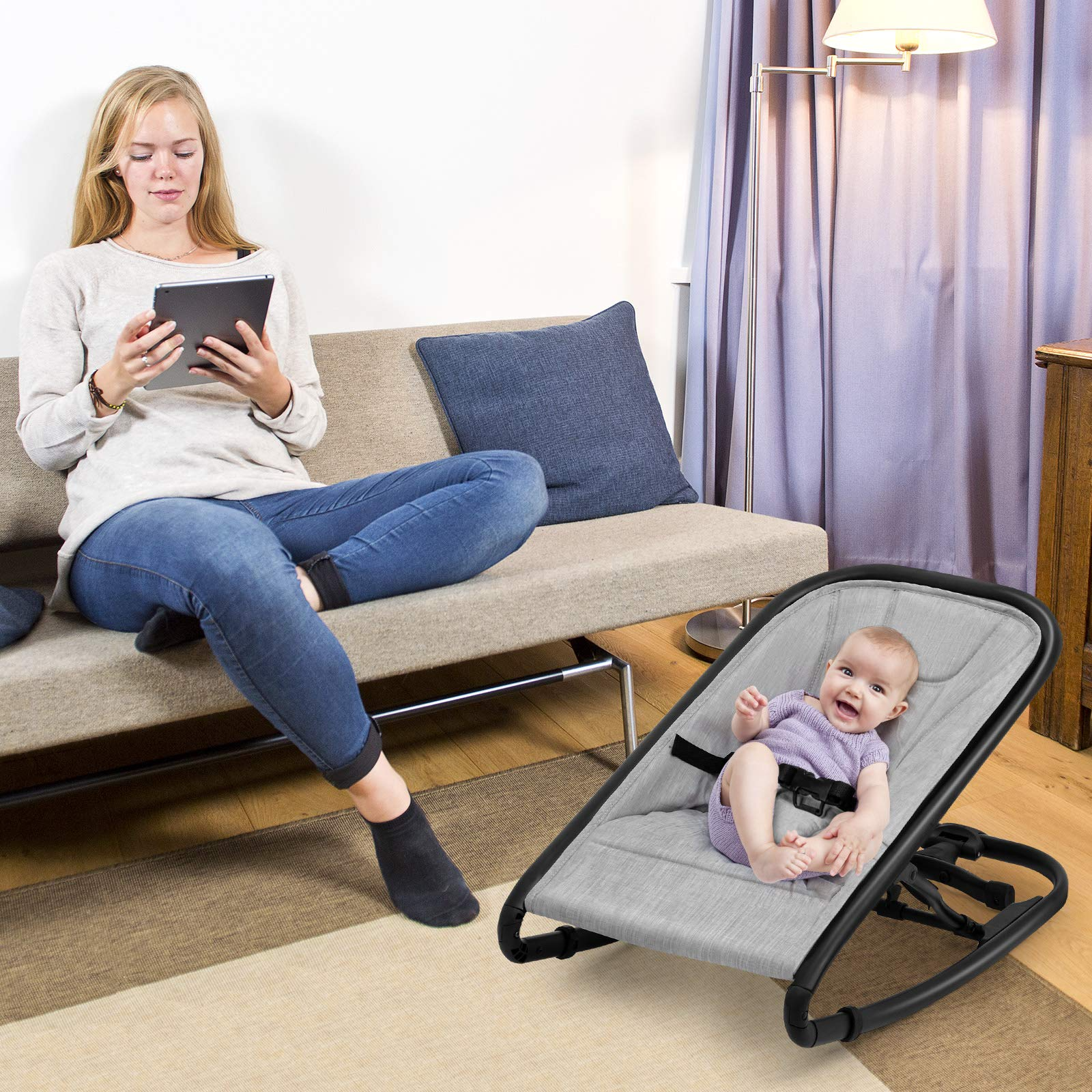 BABY JOY 2 in 1 Baby Rocker, Portable Baby Bouncer Seat w/ 2 Adjustable Recline Positions