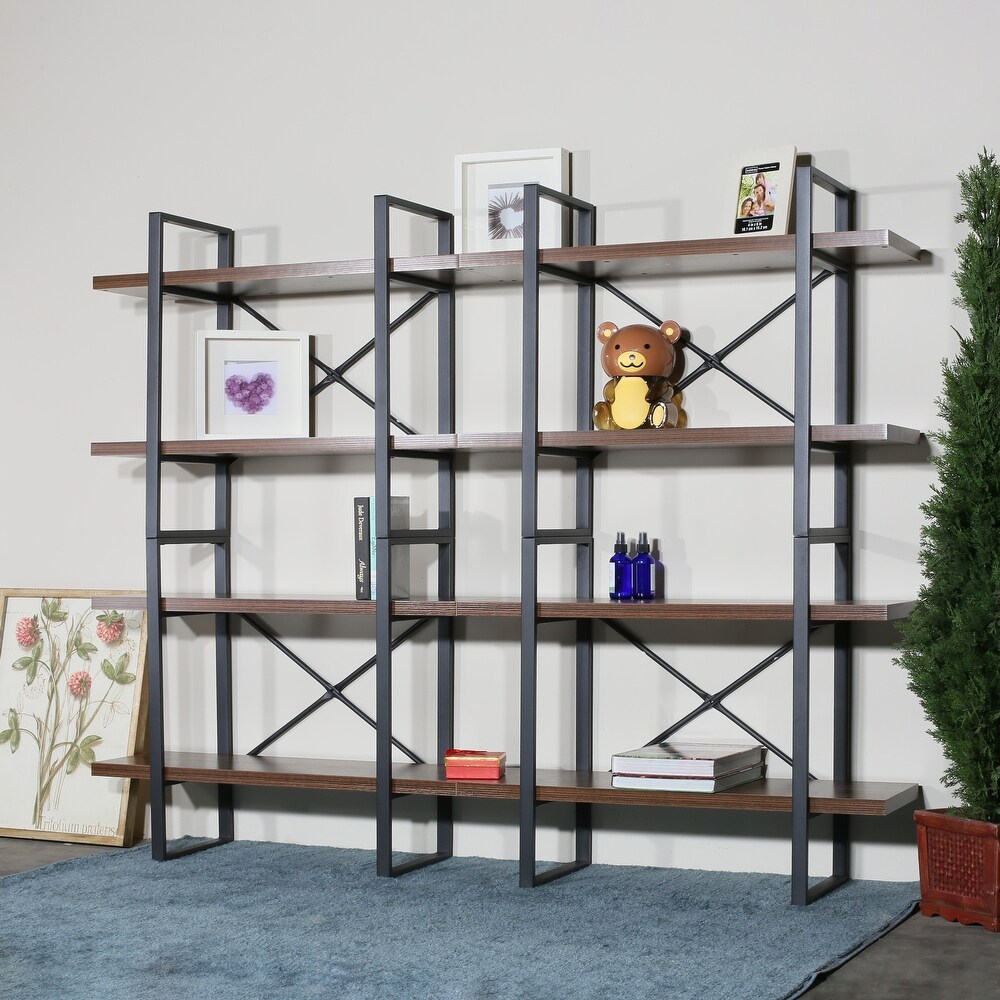 Large double bookcases with 8 walnut wood shelves for living room   82.68*11.34*56.69 inches