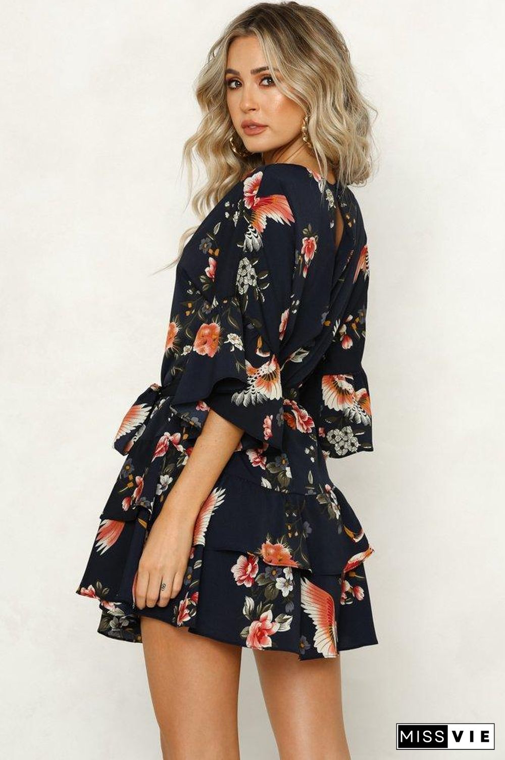 White 3/4 Length Sleeve Floral Pleated Hem Mini Dress