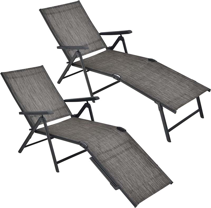 2 Pcs Folding Chaise Lounge Chair with 5-Position Backrest & 2-Position Footrest, Fabric Seat Sun Lounger for Pool Deck Beach