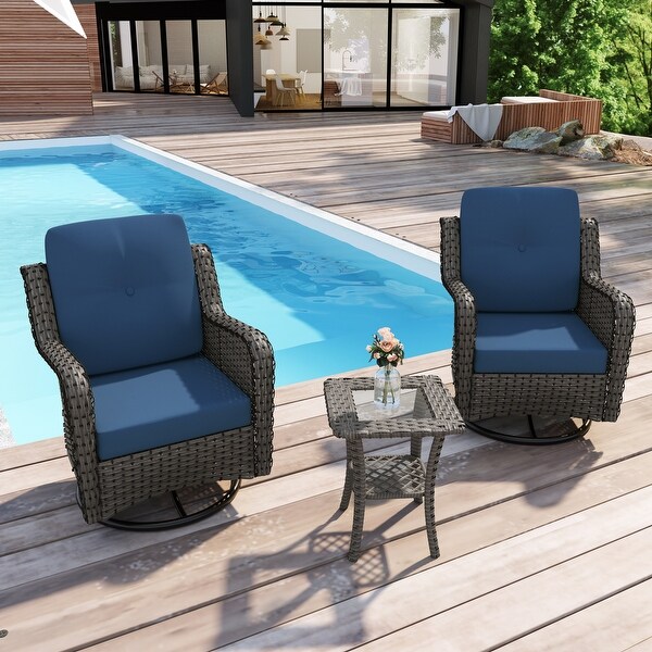 Outdoor 3 Pieces Rattan Wicker Bistro Set Swivel Rocker With Cushion and Table