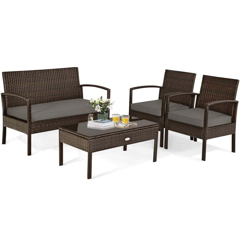 4 Pcs Wicker Patio Conversation Furniture Set Outdoor Rattan Sofa Set with Coffee Table & Washable Cushions