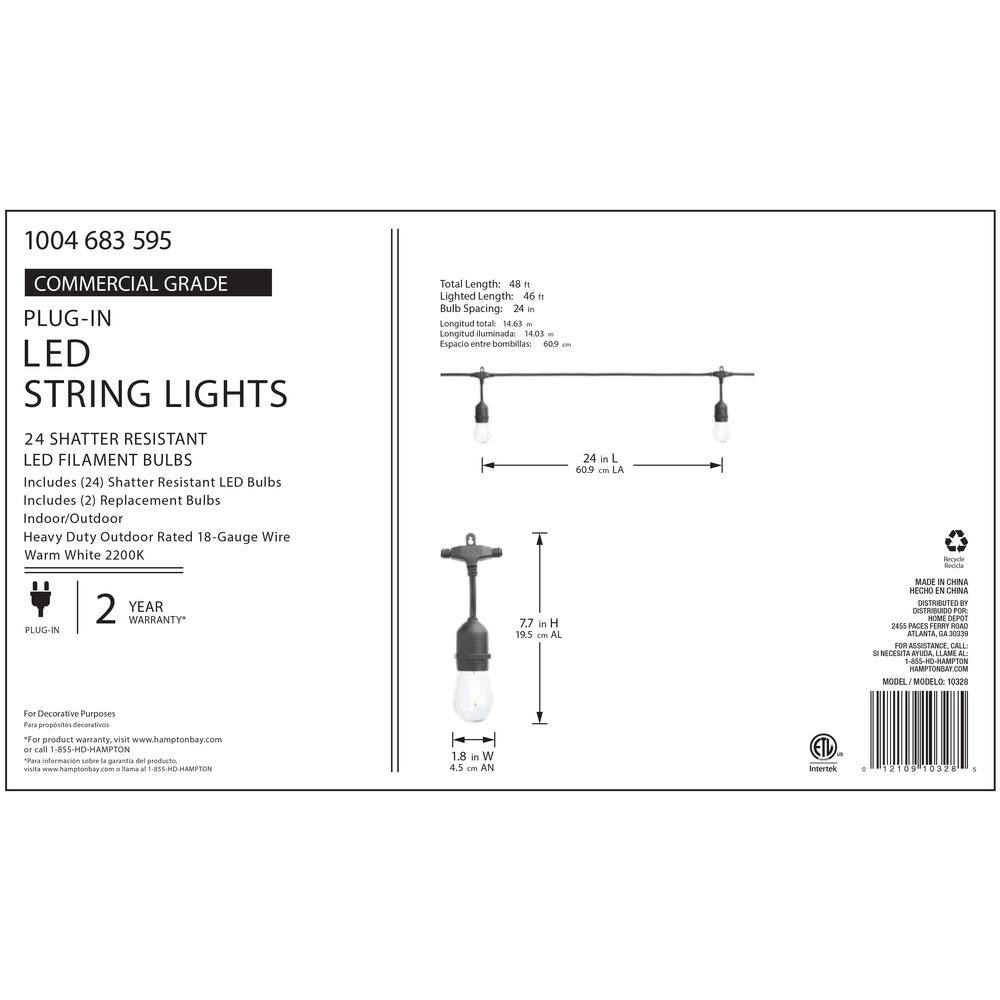 Hampton Bay 24-Light 48 ft. IndoorOutdoor String Light with S14 Single Filament LED Bulbs 10328