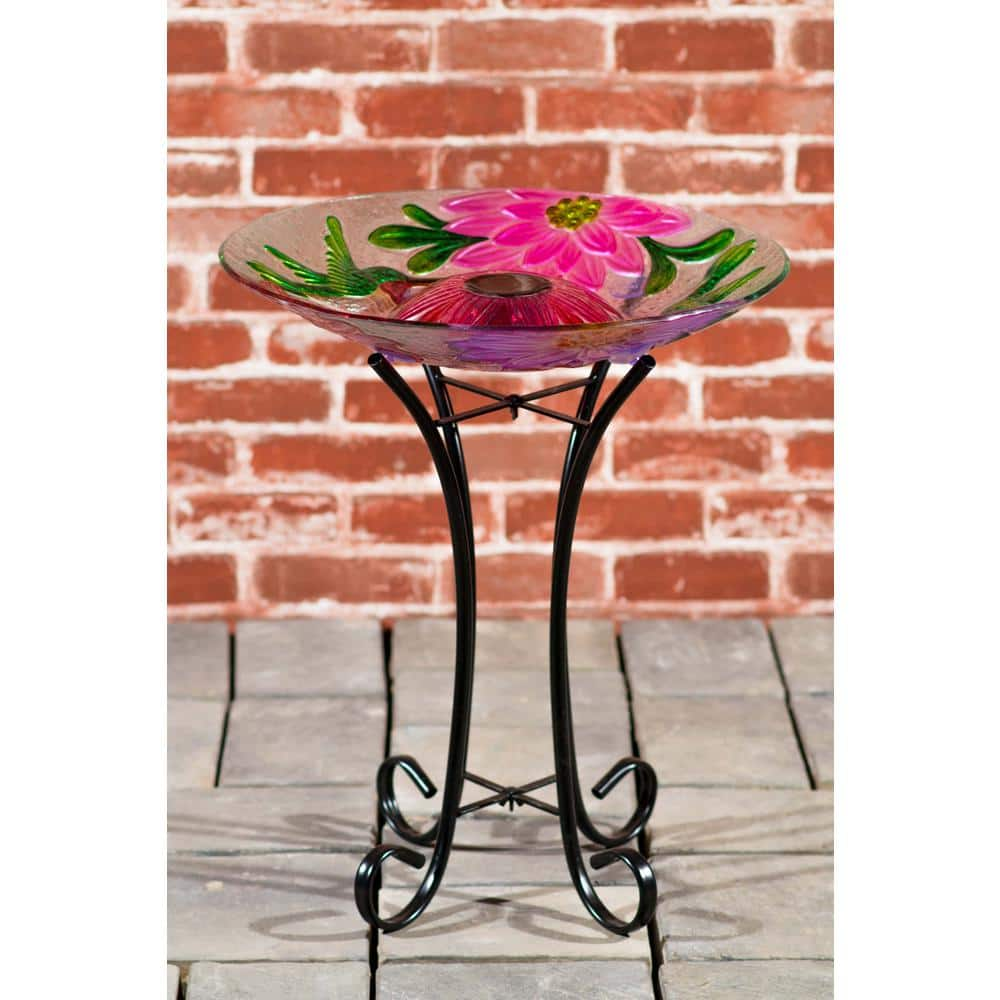 Hi-Line Gift Solar Glass Floral Hummingbird Bird Bath 78415-B