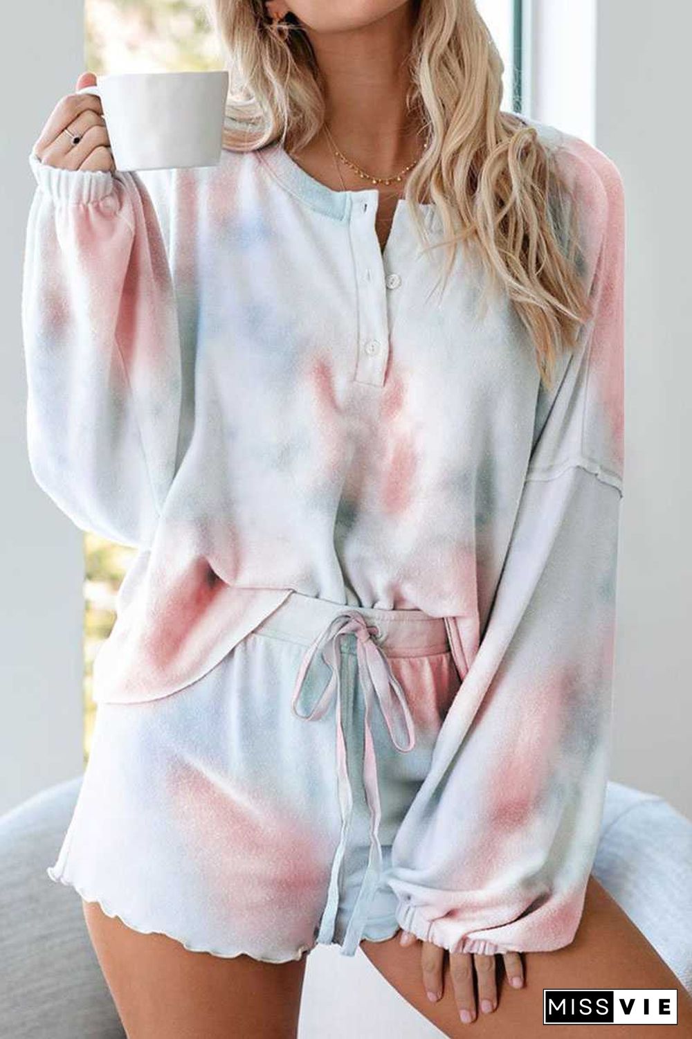 Aesthetic Pastel Tie Dye Knit Pullover Top And Scalloped Ruffle Knit Shorts Sets