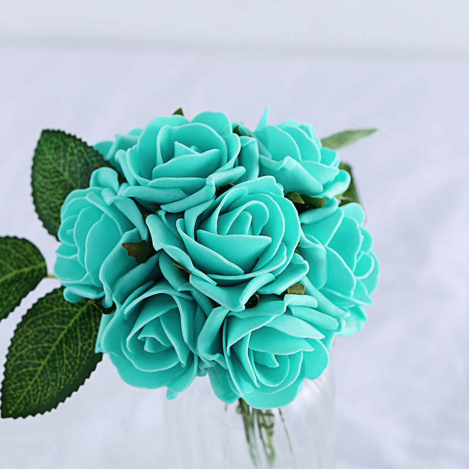 24 Roses Turquoise Artificial Foam Flowers With Stem Wire and Leaves 2