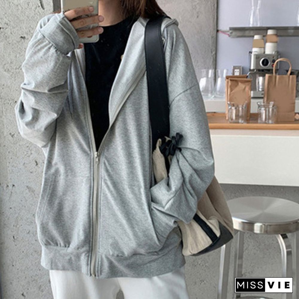 Ladies Fashion Simple Hooded Coats Women Casual Sport Fitness Hoodie Fleece Sweatshirt Zip Jackets