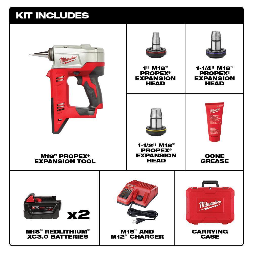 MW M18 18-Volt Lithium-Ion Cordless 38 in. to 1-12 in Expansion Tool Kit with 3 Heads Two 3.0Ah Batteries 2632-22XC