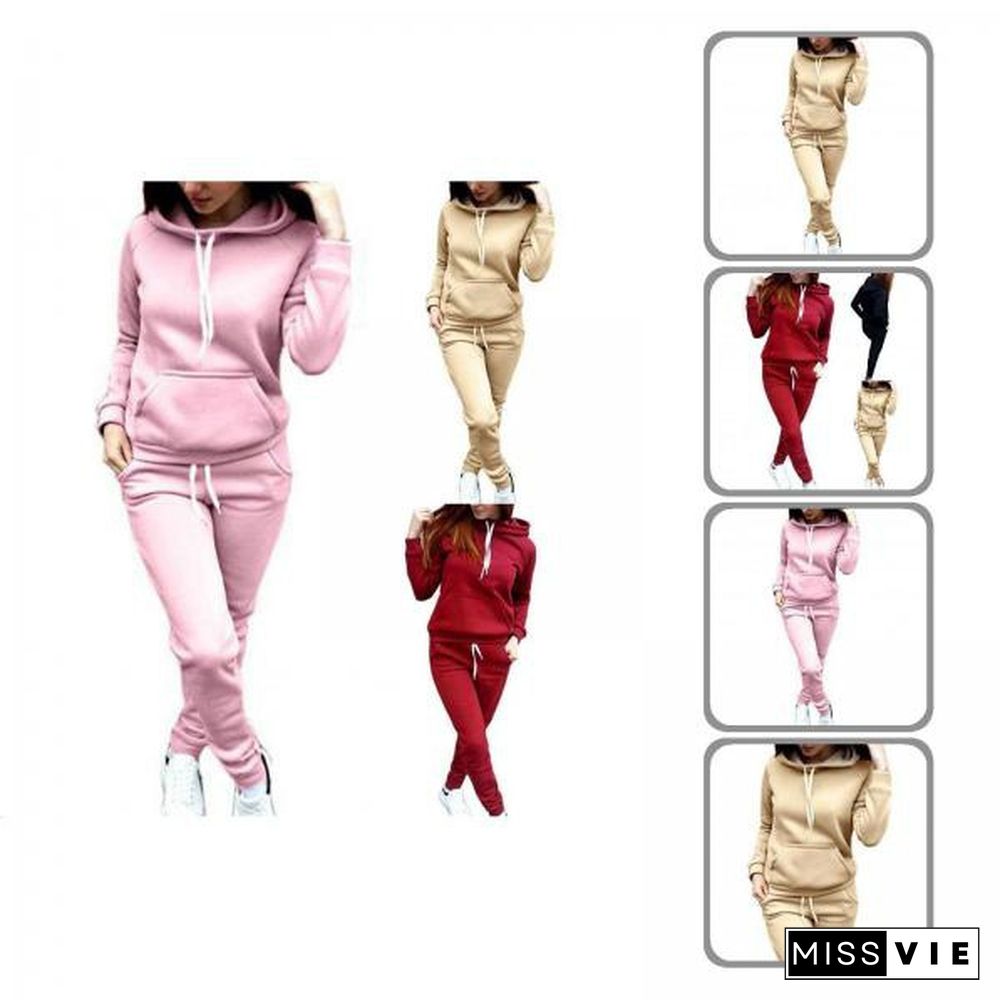 Women Outfit Thick Stylish Two Piece Two Piece Pockets Drawstring Hoodie Pants Set