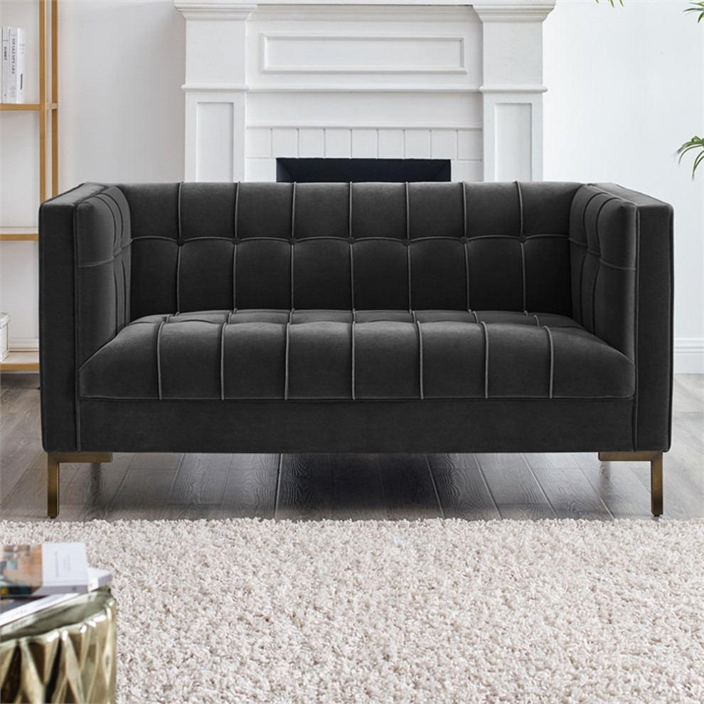 Isaac Stitch Gray Velvet Button Tufted Loveseat   Contemporary   Loveseats   by Homesquare  Houzz