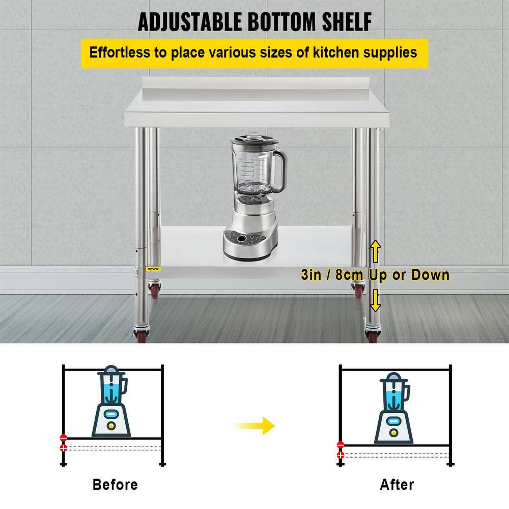 VEVOR Stainless Steel Prep Table 36 x 24 x 35 in. Heavy Duty Metal Worktable with Adjustable Undershelf Kitchen Utility Tables BXGYDGZ362435W02CV0