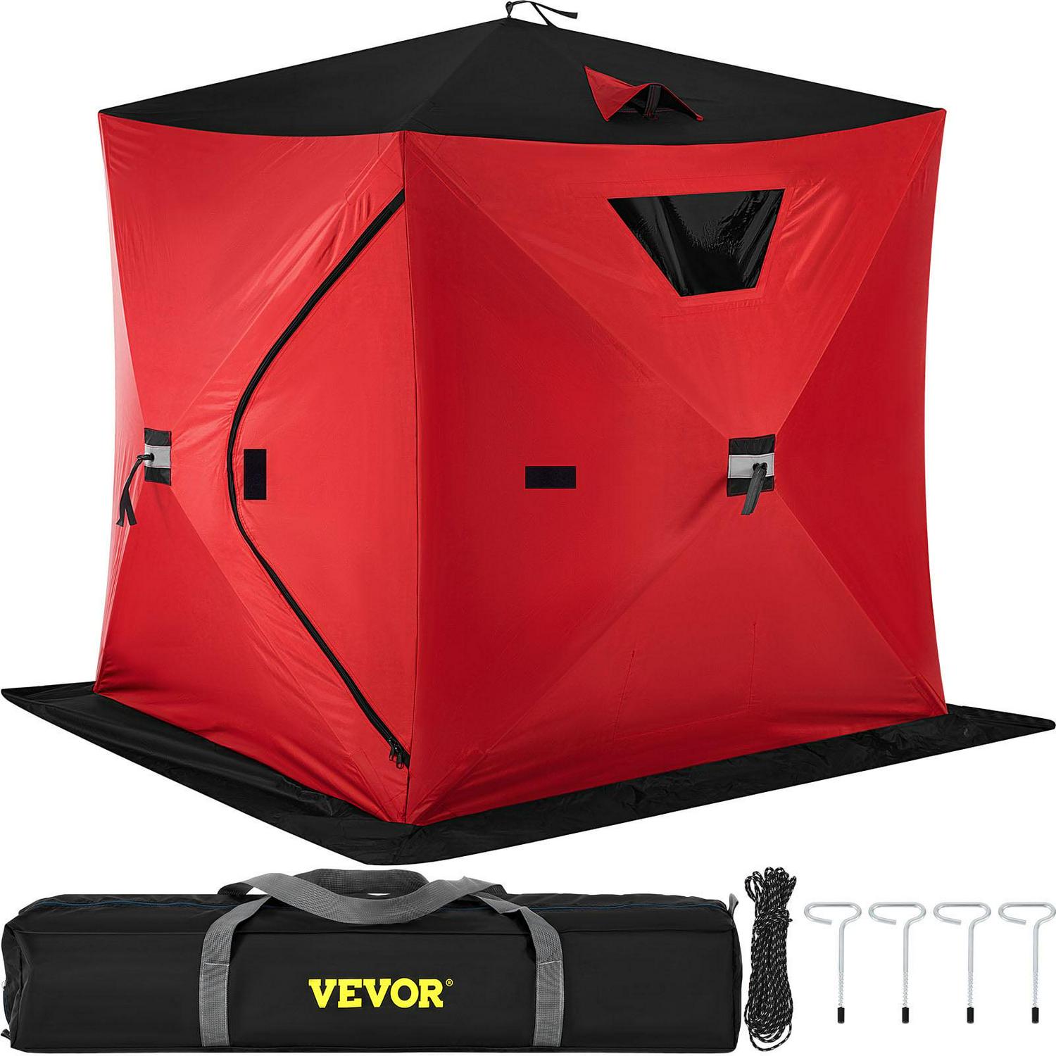 VEVORbrand Waterproof Pop-Up 2-Person Carrying Bag Ice Fishing Shelter with Detachable Ventilation Windows， 300D Oxford Fabric Zippered Door Shanty for Outdoor Fishing， Red