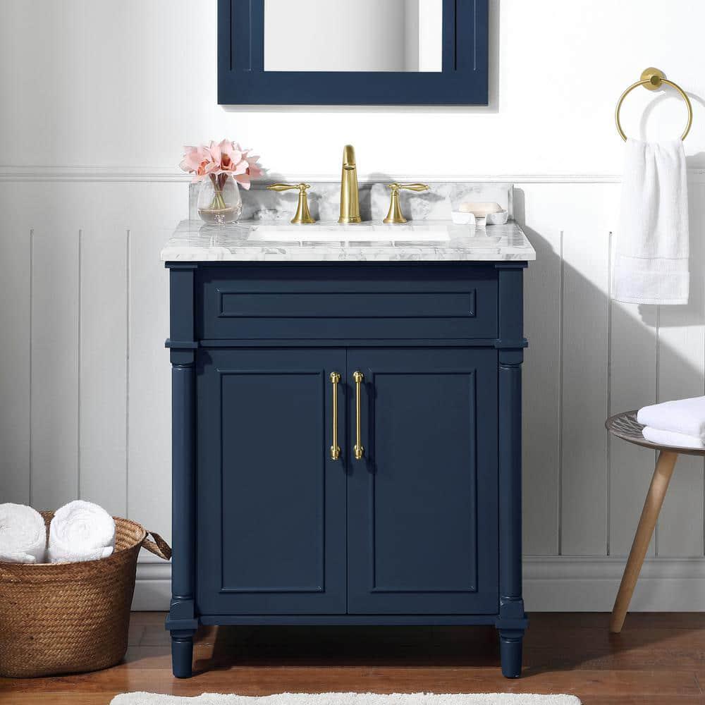 Home Decorators Collection Aberdeen 30 in x 22 in D x 345 in H Bath Vanity in Midnight Blue with White Carrara Marble Top