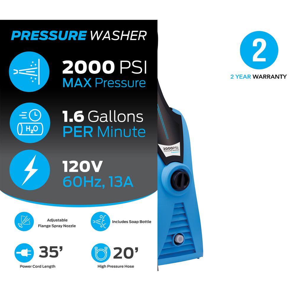 Pulsar 2000 PSI 1.6 GPM Cold Water Electric Pressure Washer with Soap Bottle PWE2001V