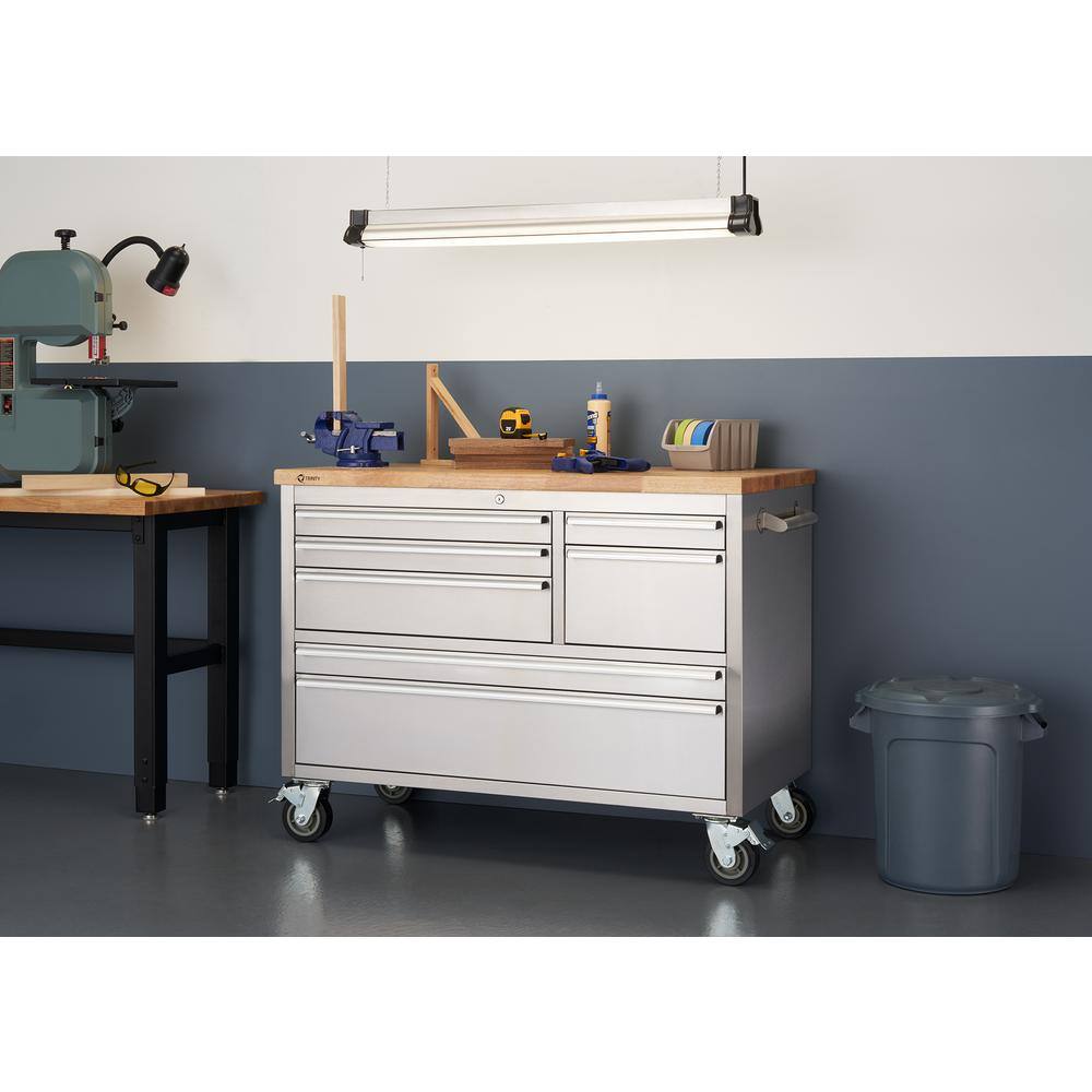 TRINITY 4 ft. 7-Drawer Stainless Steel Workbench with Storage TLS-4815