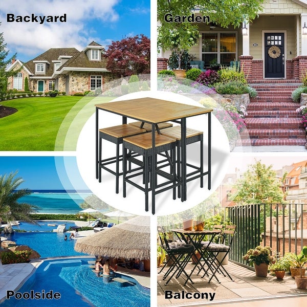 10-Piece Outdoor Patio Wicker Bar Set， Garden Pe Rattan Wicker Dining Table， Square Stool Set， Foldable Tabletop - Overstock - 37828552