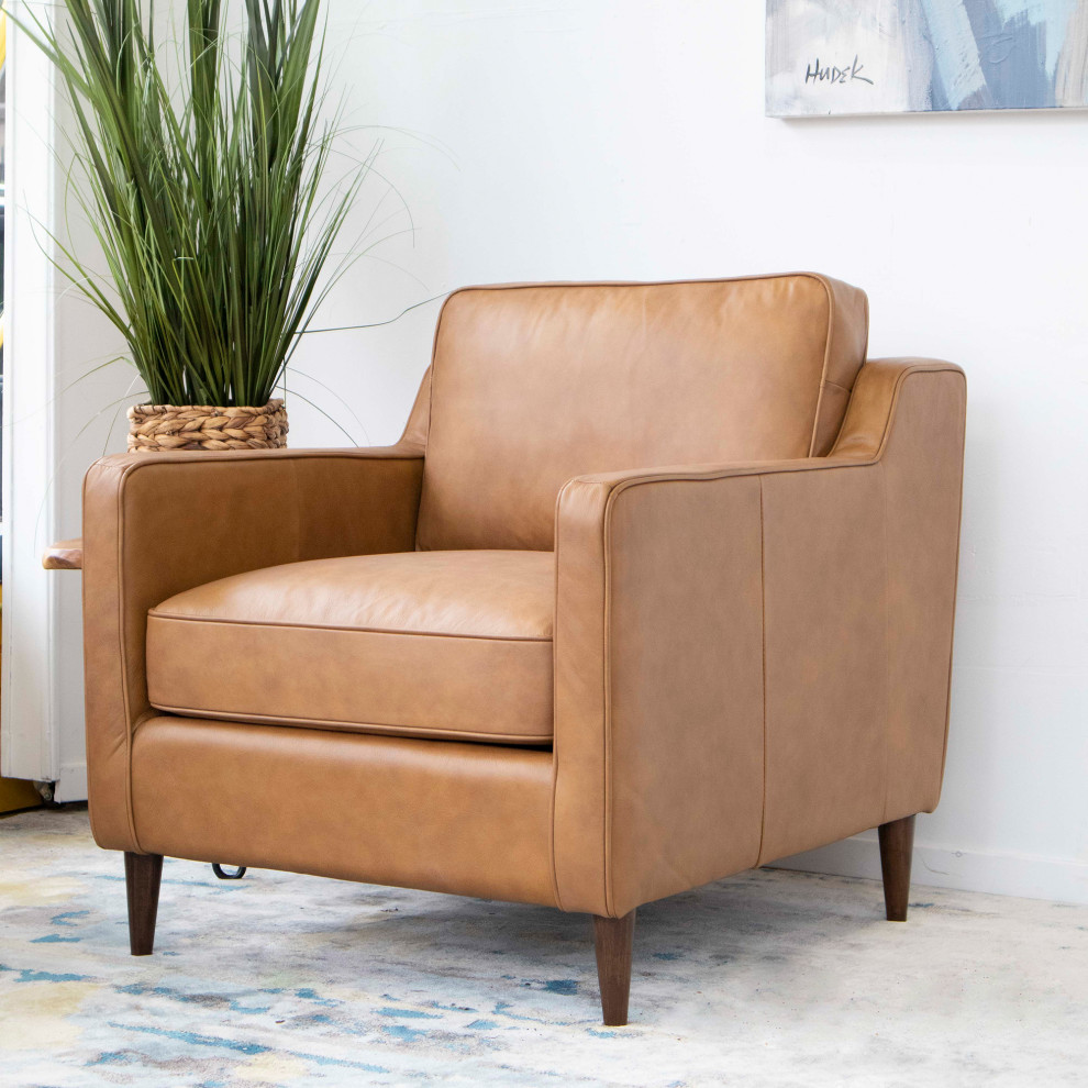 Liberty Mid Century Modern Cushion Back Genuine Leather Armchair  Tan   Midcentury   Armchairs And Accent Chairs   by Ashcroft Furniture Co.  Houzz