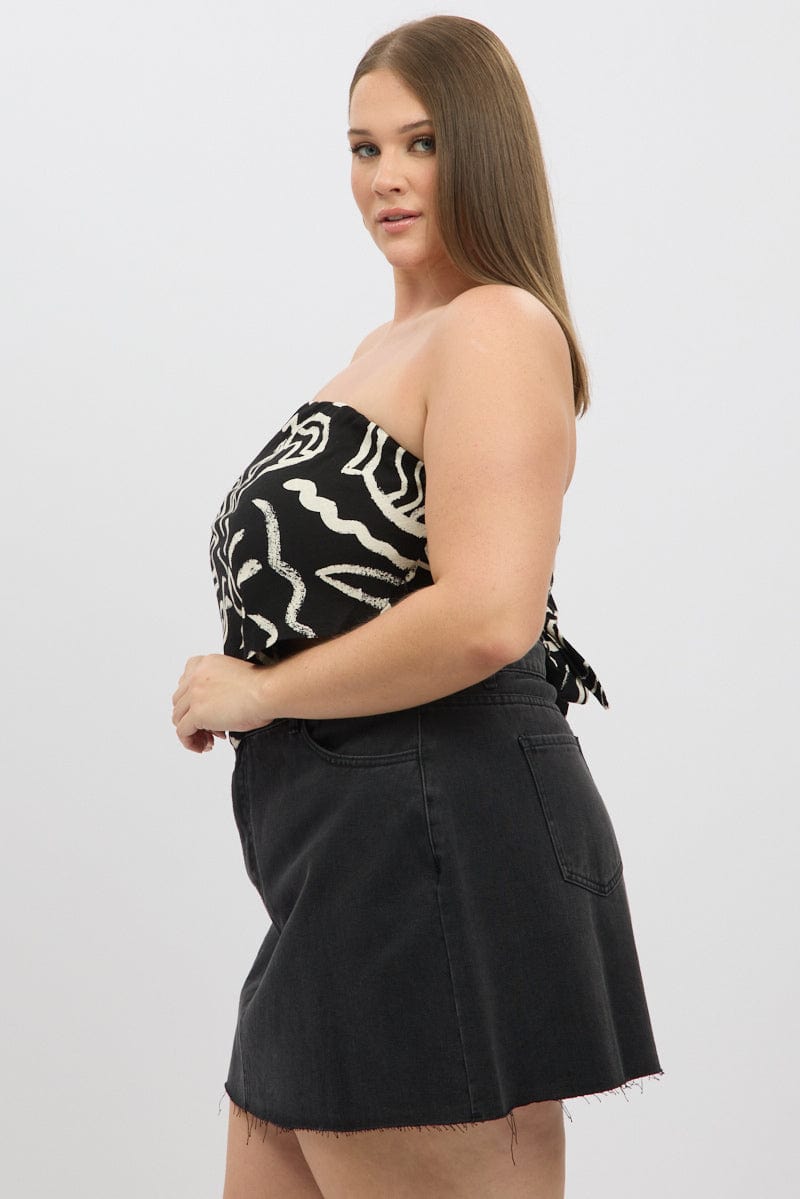 Black Abstract Scarf Top Strapless Linen Blend