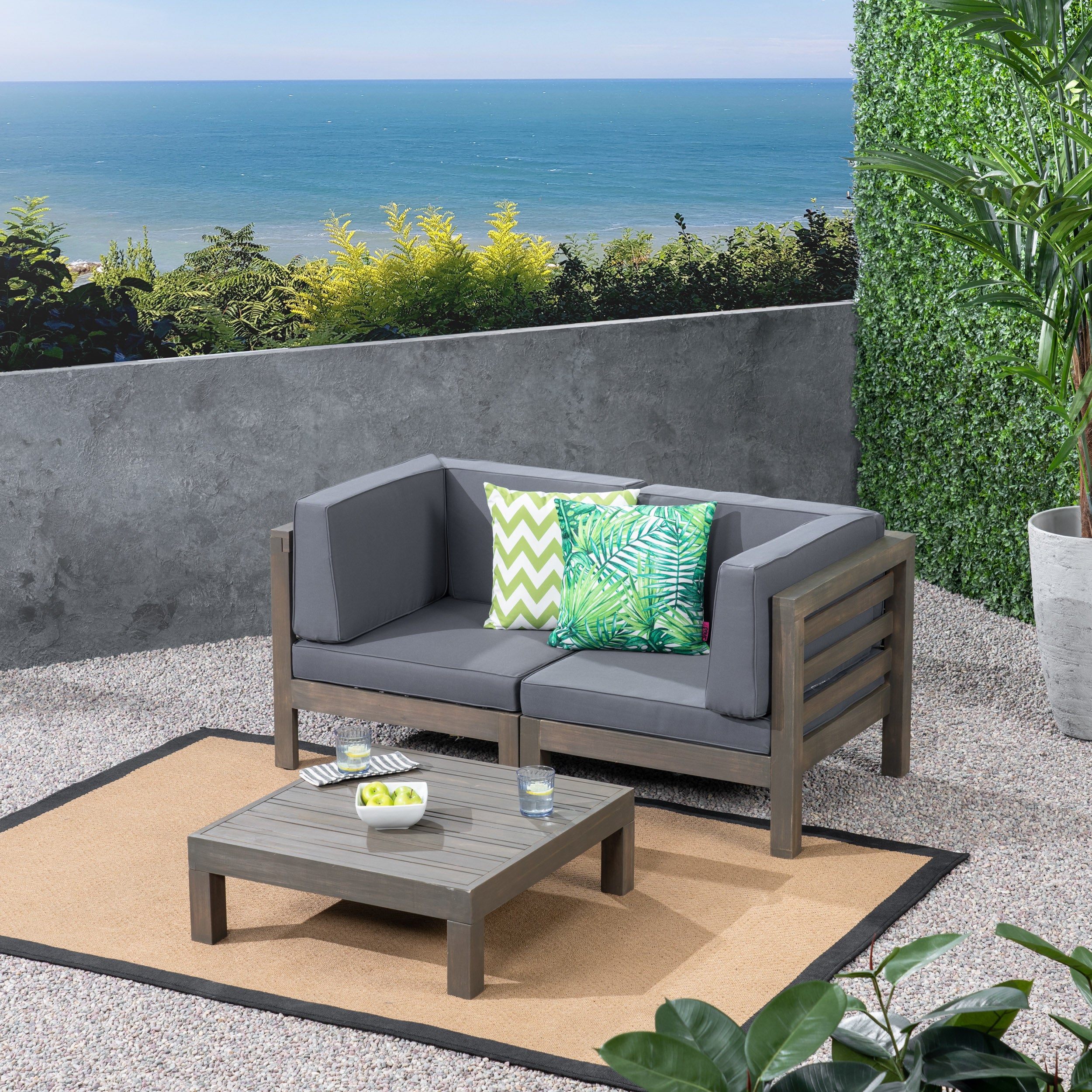 Dawson Outdoor Sectional Loveseat Set with Coffee Table - 3-Piece 2-Seater - Acacia Wood - Outdoor Cushions