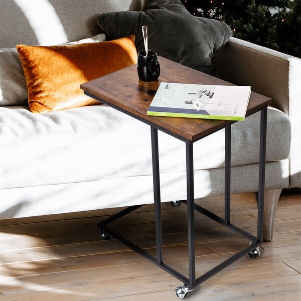 C Shaped Rustic Brown End Table Vintage Sofa Table with Wheel and Metal Frame Bedside Table for Living Room，Small Spaces