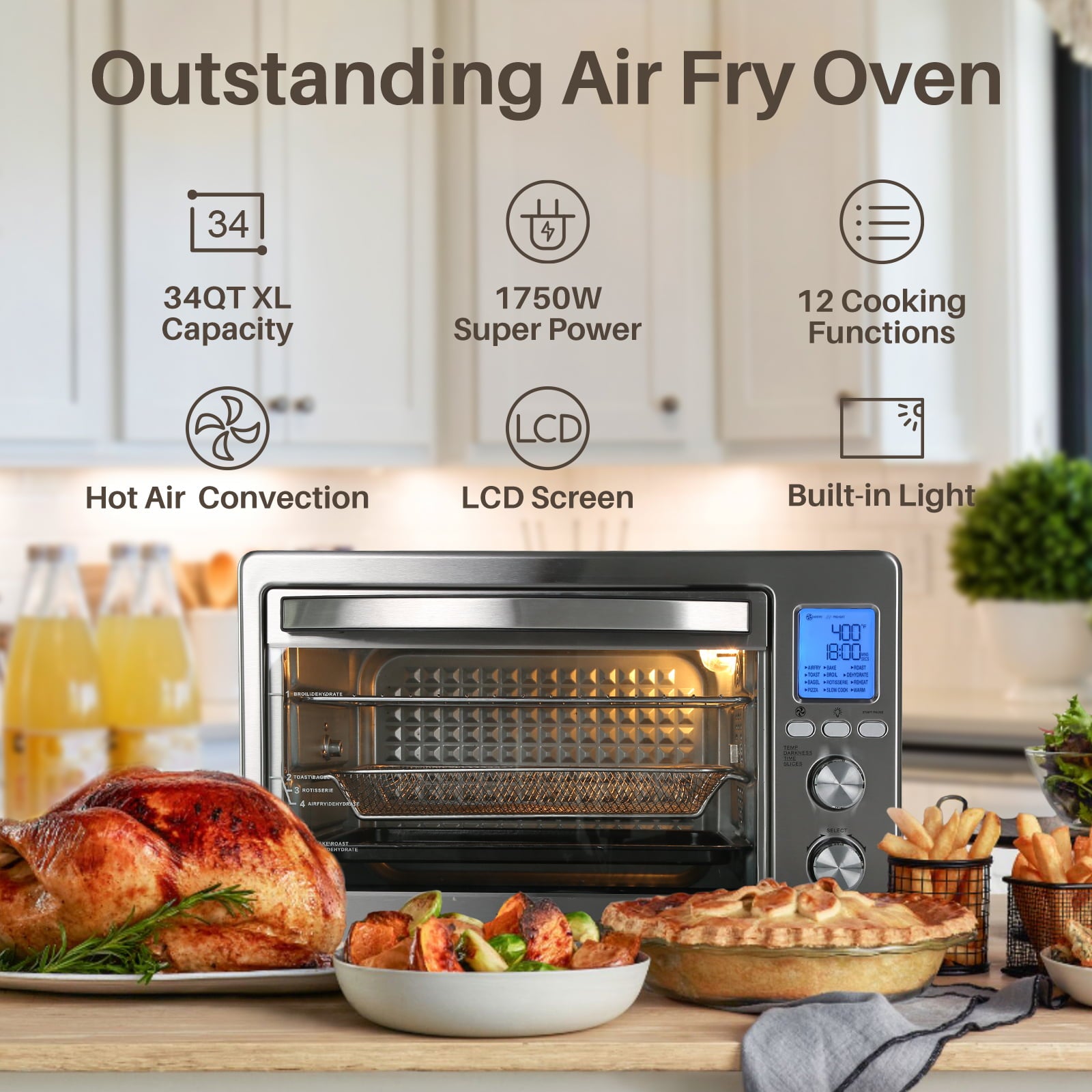 LNC Air Fryer Toaster Oven 12-in-1 Countertop Oven with Speedy Convection, Large 34 QT Capacity, 1750W, Stainless Steel - Gray