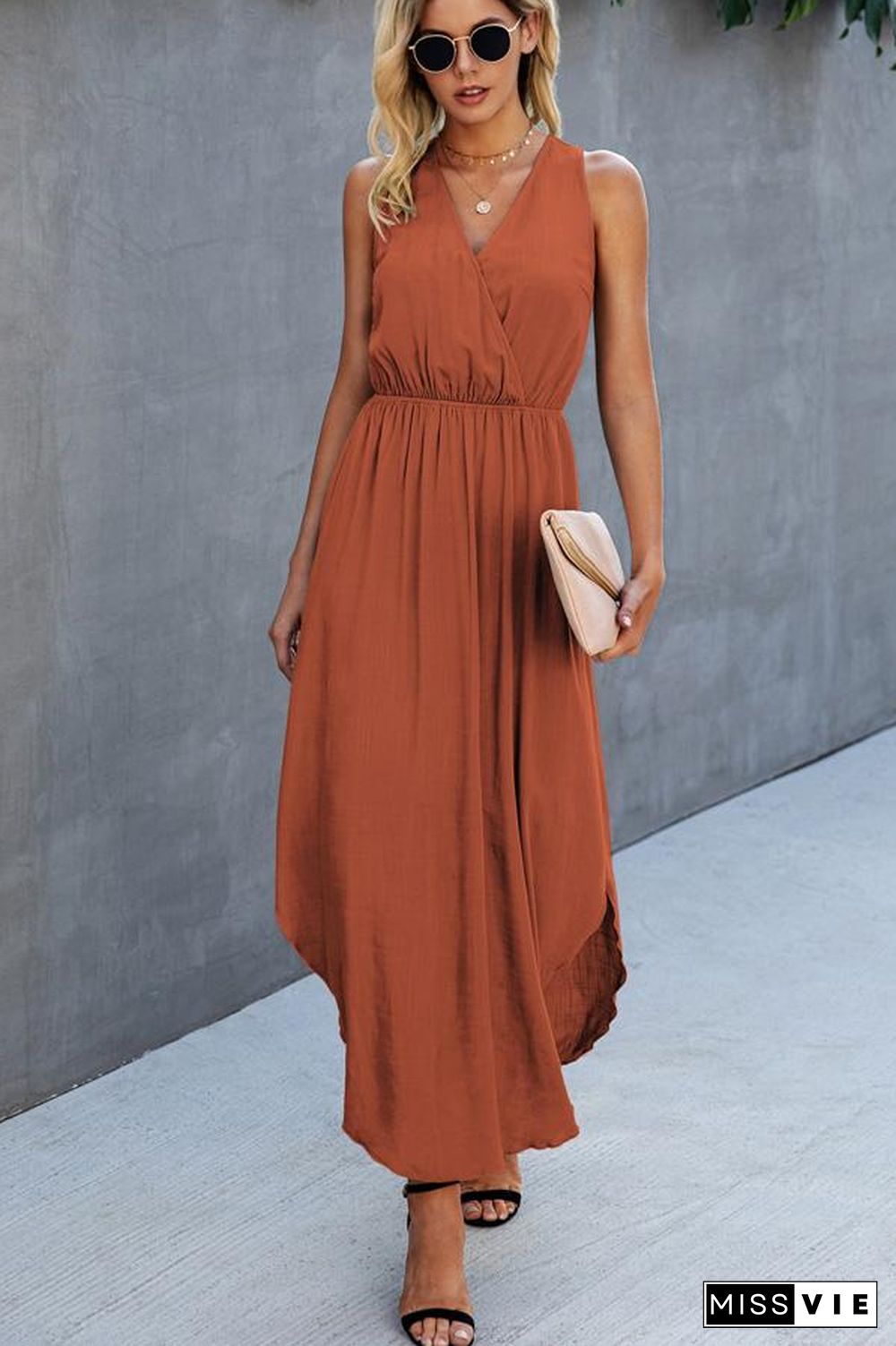 V Neck High Waist Sleeveless Maxi Dress