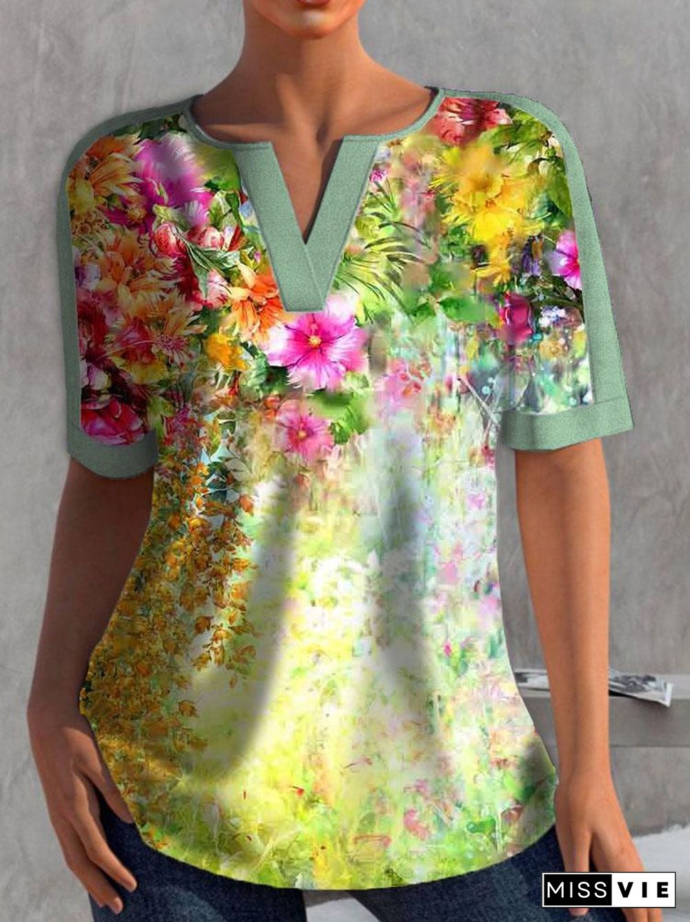 V Neck Colorful Flower Printed T-Shirt