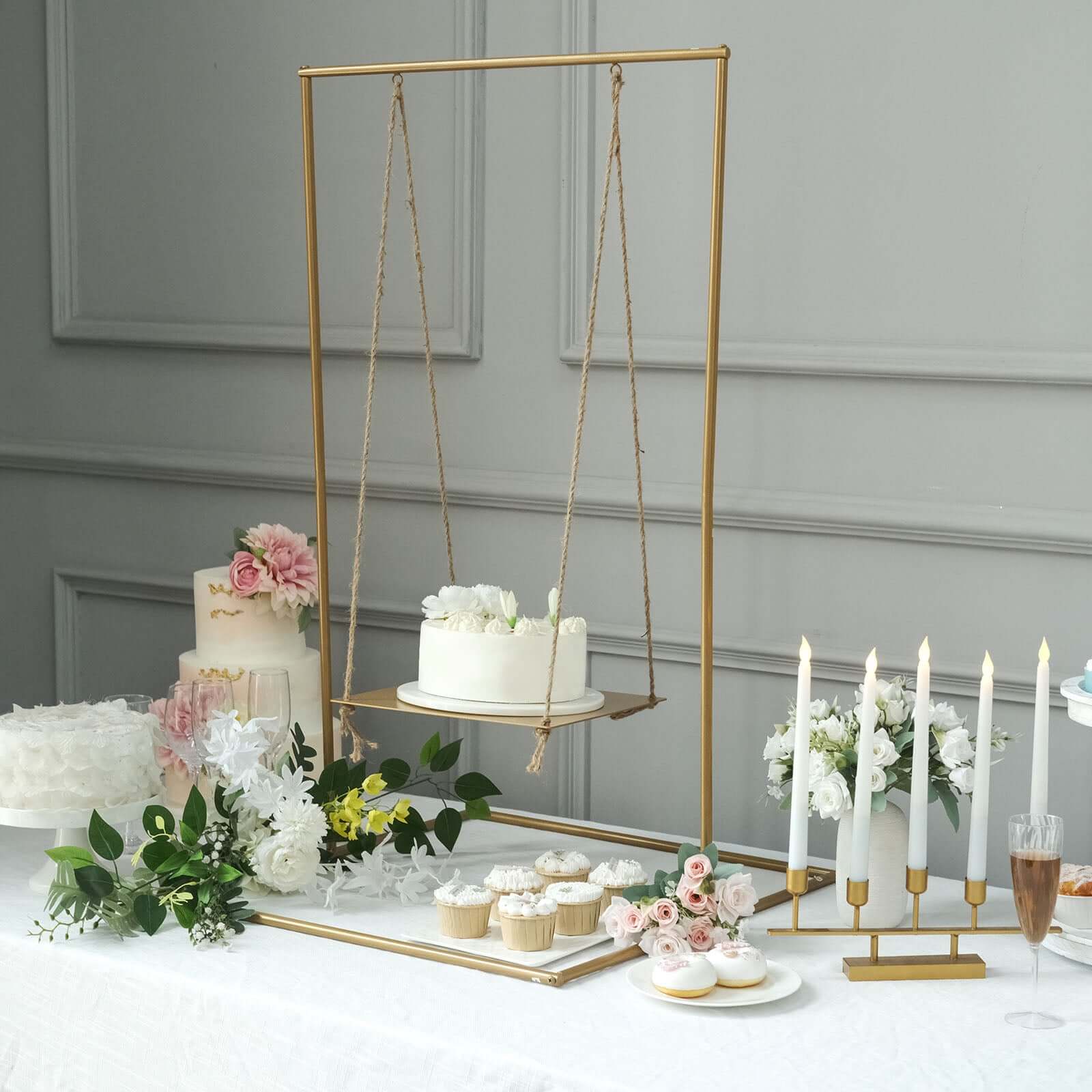 Gold Metal Hanging Dessert Display Centerpiece with Jute Rope, Cake Stand Swing 3ft Tall