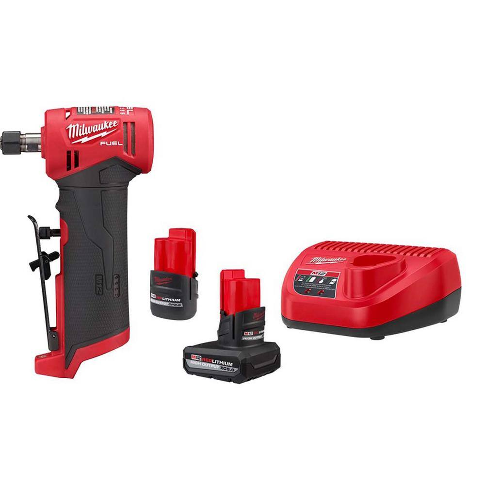 MW M12 FUEL 12-Volt Lithium-Ion 14 in. Cordless Right Angle Die Grinder with High Output 5.02.5 Ah Batteries and Charger 2485-20-48-59-2452S