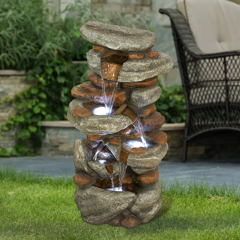 4-Tier Rock Water Fountain with LED Lights - Outdoor Water Fountains Cascading Floor Water Feature Art Decor for Garden， Pation， Deck， Porch