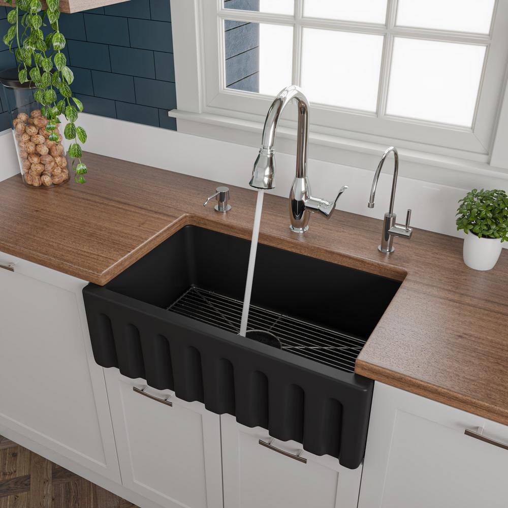 ALFI BRAND Black Matte Fireclay 29.88 in. Single Bowl Farmhouse Apron Kitchen Sink AB3018HS-BM