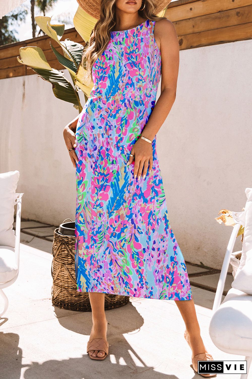 Purple Abstract Floral Print Sleeveless Maxi Dress