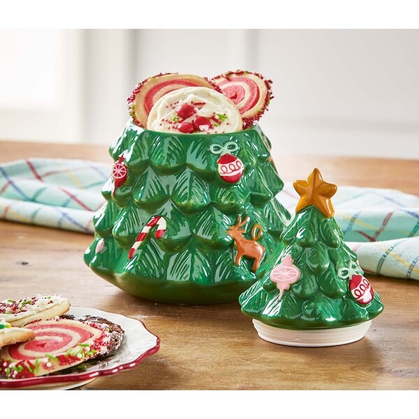 Green Christmas Tree Shaped Stoneware Cookie Jar，6.6L x 6.6W x 10.0H，40 oz.