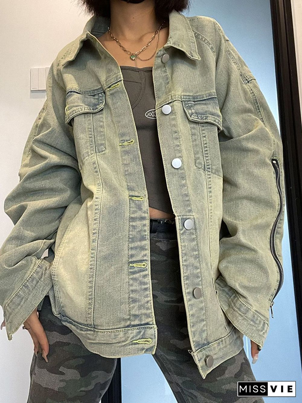 Distressed Washed Green Zip Up Jacket