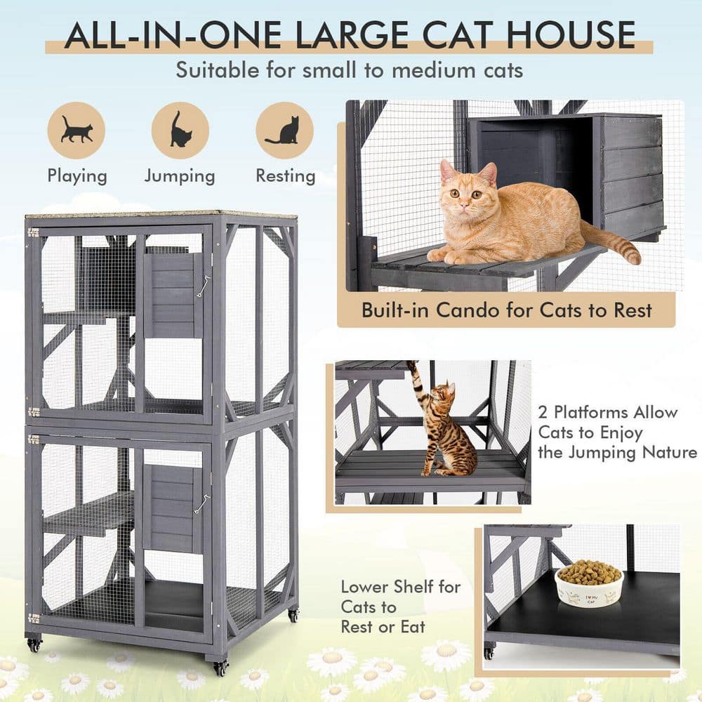 ANGELES HOME Outdoor Cat House Enclosures On Wheels Kitten Cages with Resting Box 8CK-10003PVGR