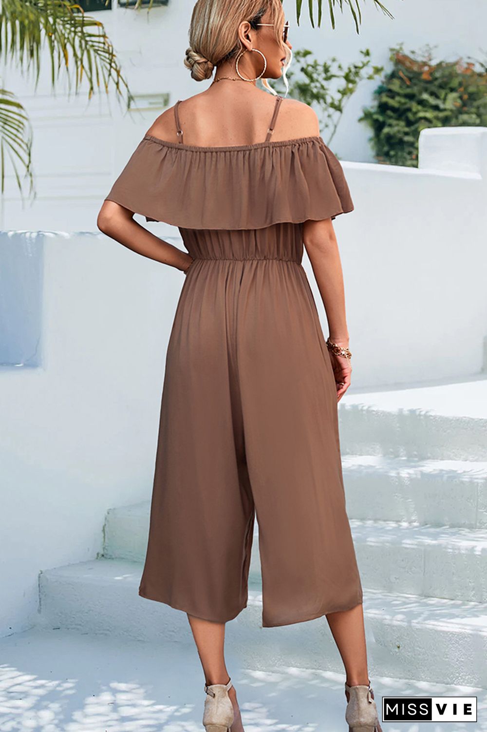 Plain Off Shoulder High Waist Wide Leg Jumpsuit