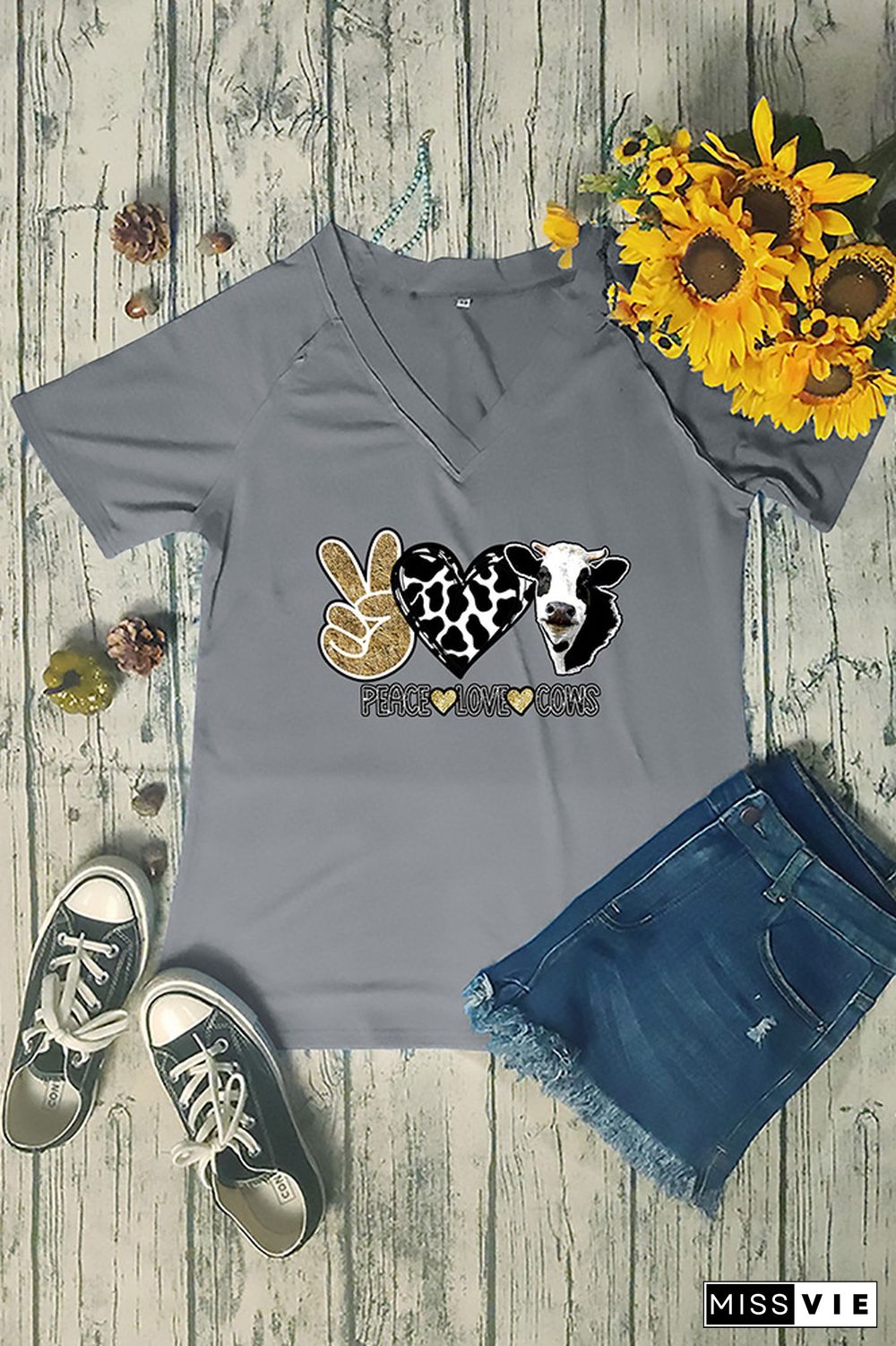 Peace Love Cows Print V Neck Graphic Tee