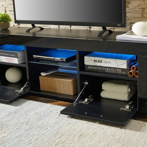 Black morden TV Stand with LED Lights，high glossy front TV Cabinet，can be assembled in Lounge Room， Living Room ，Black