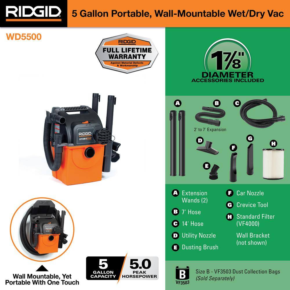 RIDGID 5 Gallon 5.0 Peak HP Portable Wall-Mountable WetDry Shop Vacuum with Filter Two Locking Hoses and Accessories WD5500