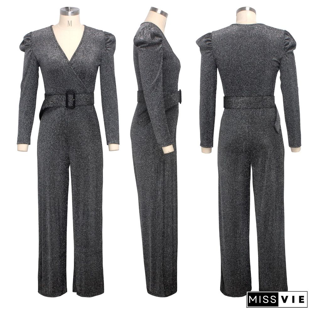 Women's Sexy V-neck High Stretch Wide-leg Jumpsuit with belt