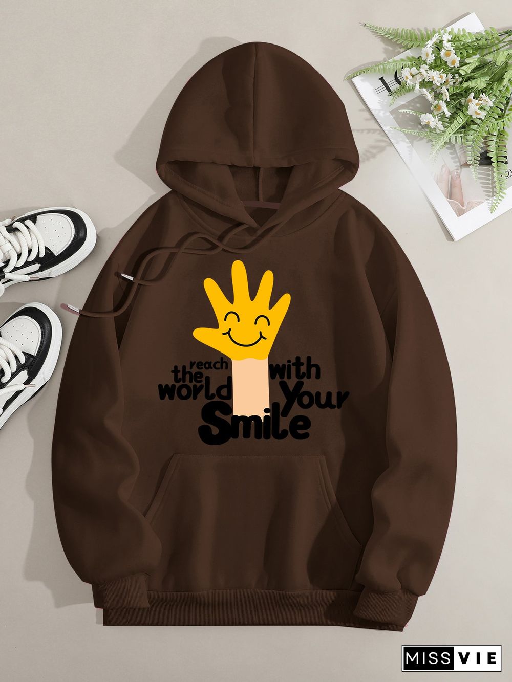 Printed on front Kangaroo Pocket Hoodie Long Sleeve for Women Pattern Touch the World with Your Smile