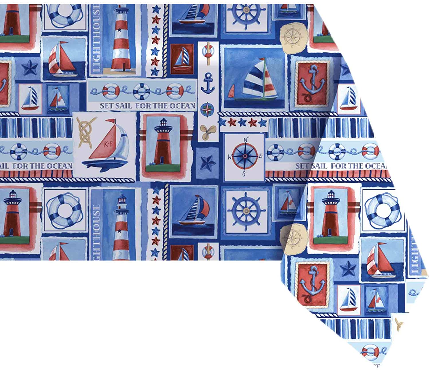 Newbridge Nautical Mile Print Vinyl Flannel Backed Tablecloth， - Sailboat and Lighthouse Print Wipe Clean Patio， Kitchen and Dining Tablecloth， 70” Round