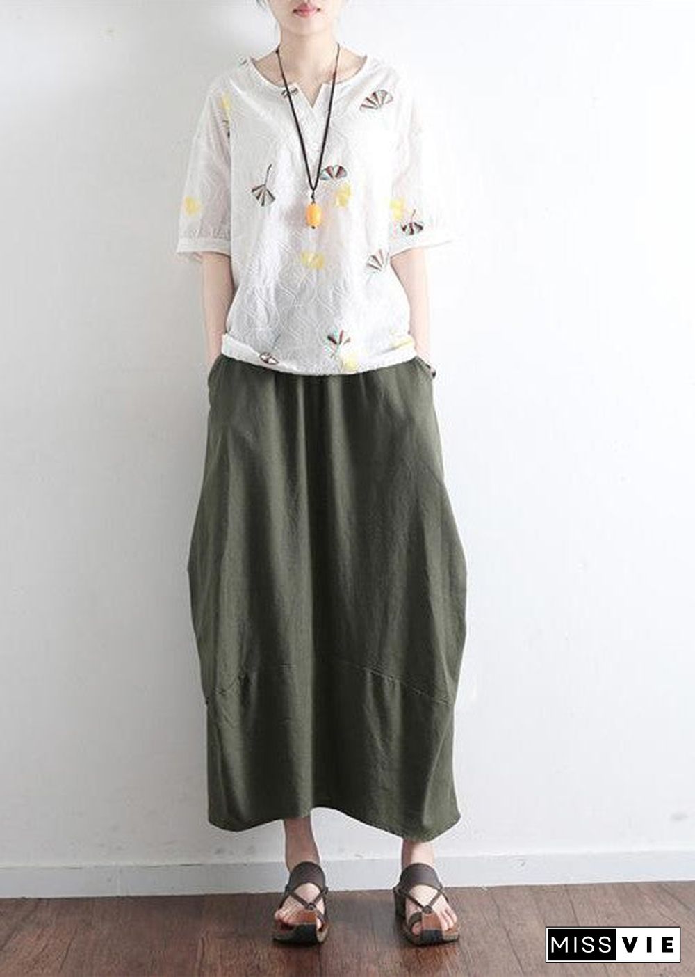 Tea green simple pockets linen skirts long maxi skirt