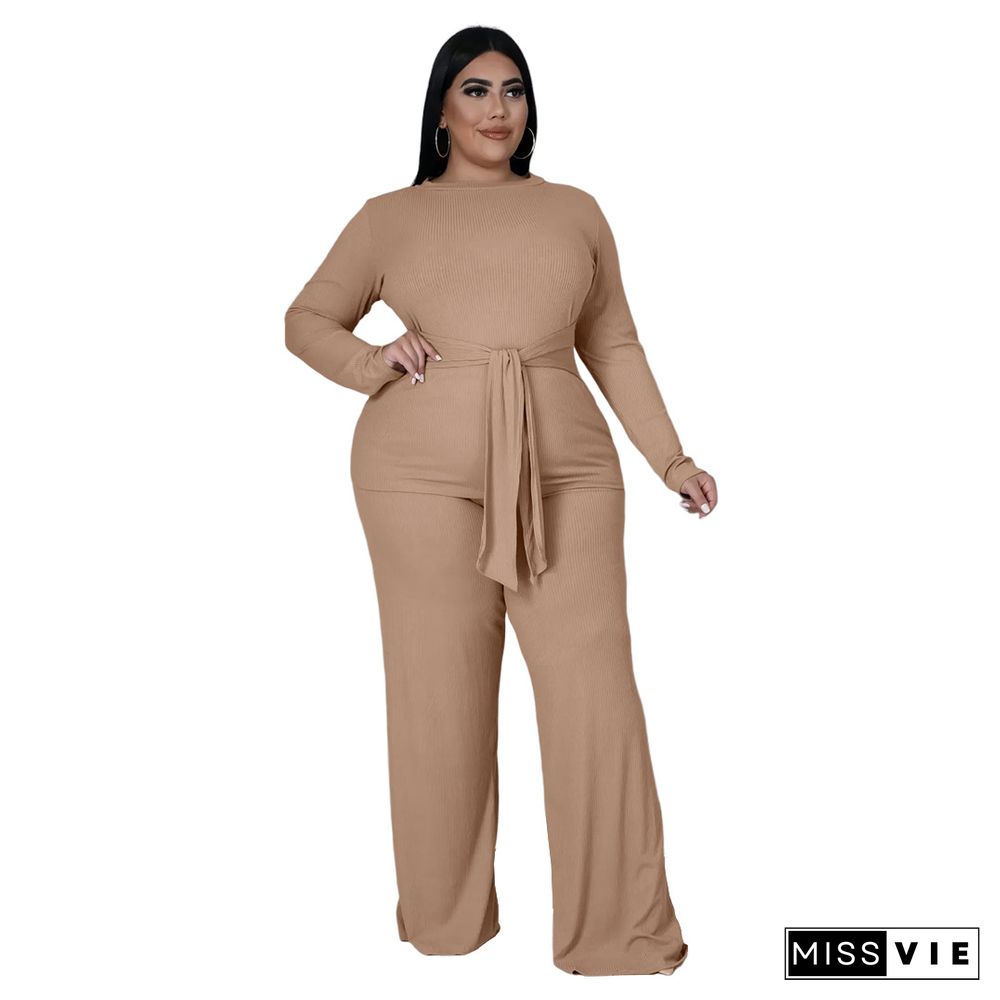 Knitted Bandage T Shirt Wide Leg Pants Plus Size Set