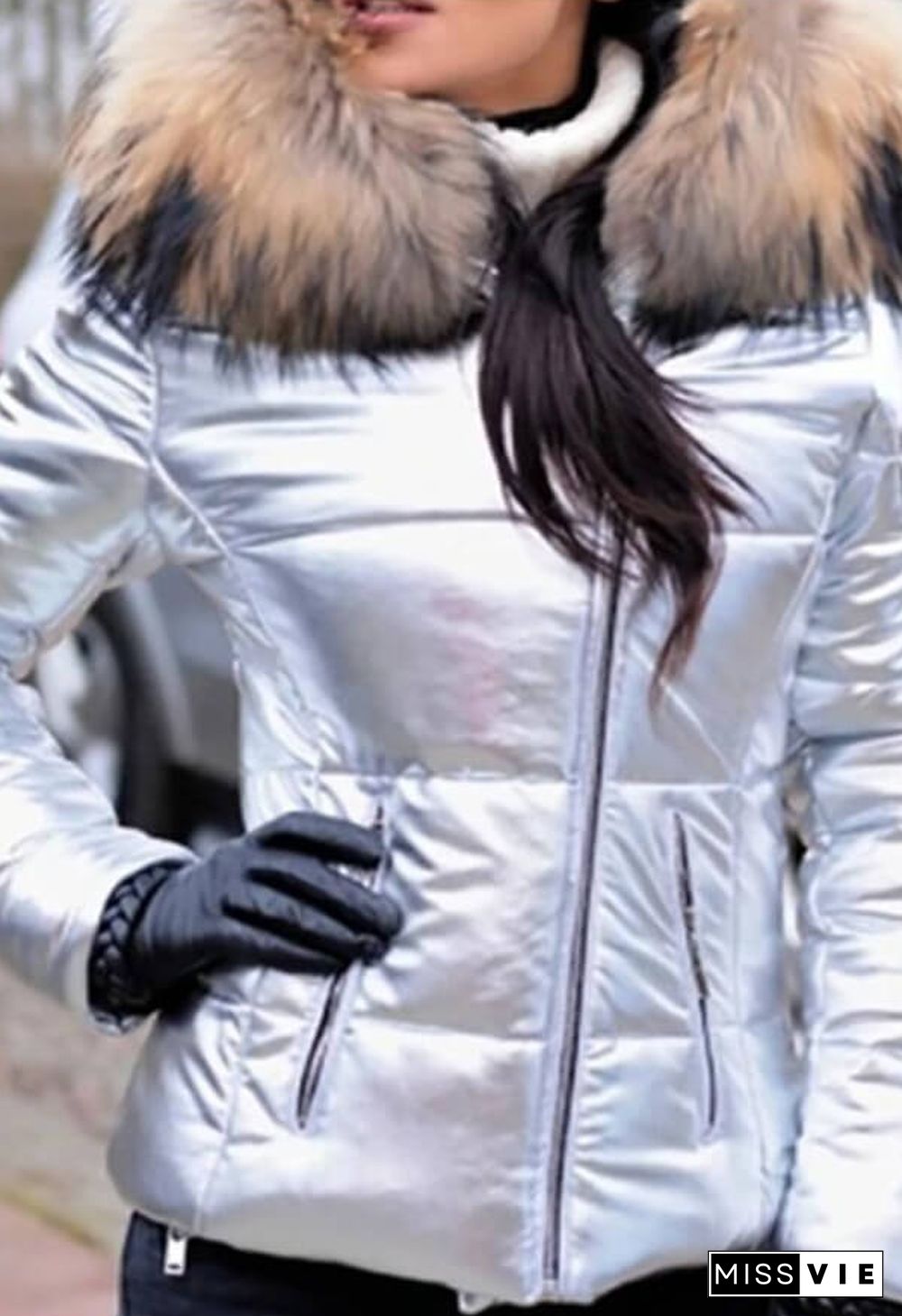 Fashion Solid Color Thick Fur Collar Down Jacket