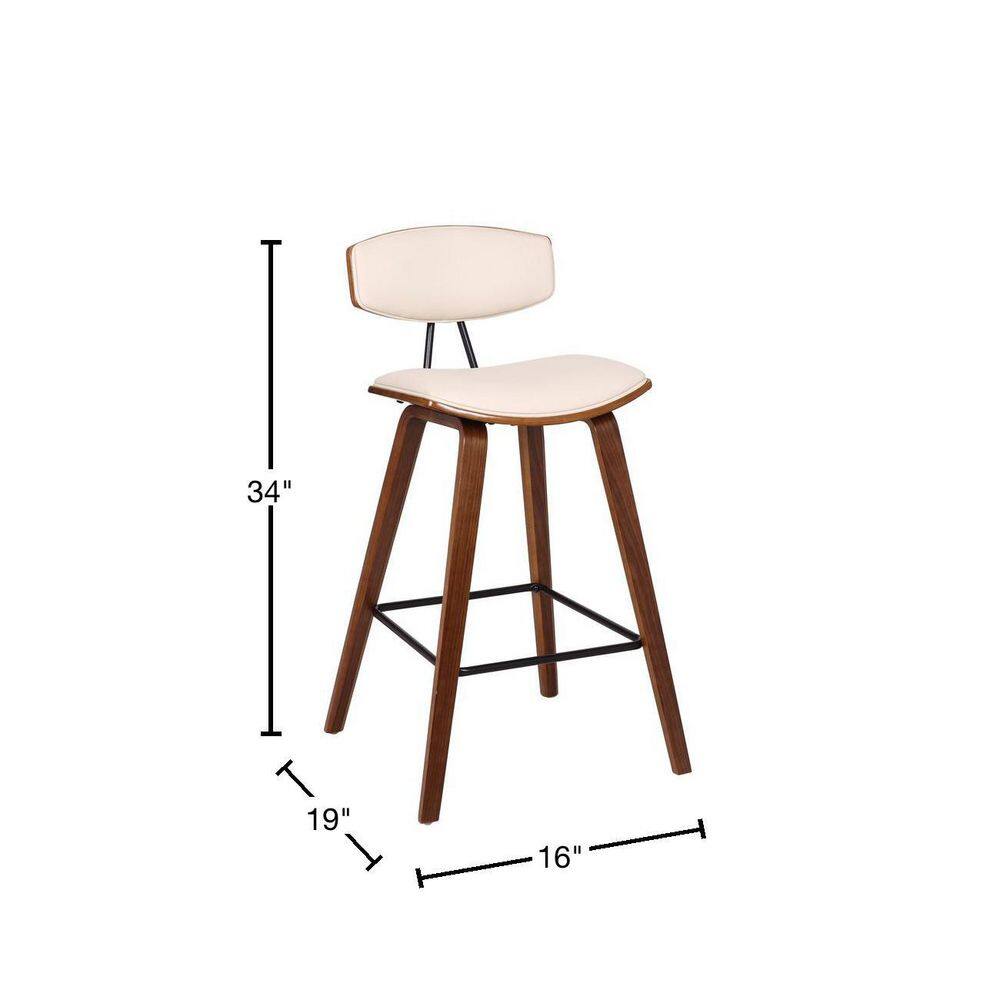 Armen Living Fox 26 in. Mid-Century Counter Height Bar Stool in Cream Faux Leather with Walnut Wood LCFOBAWACR26