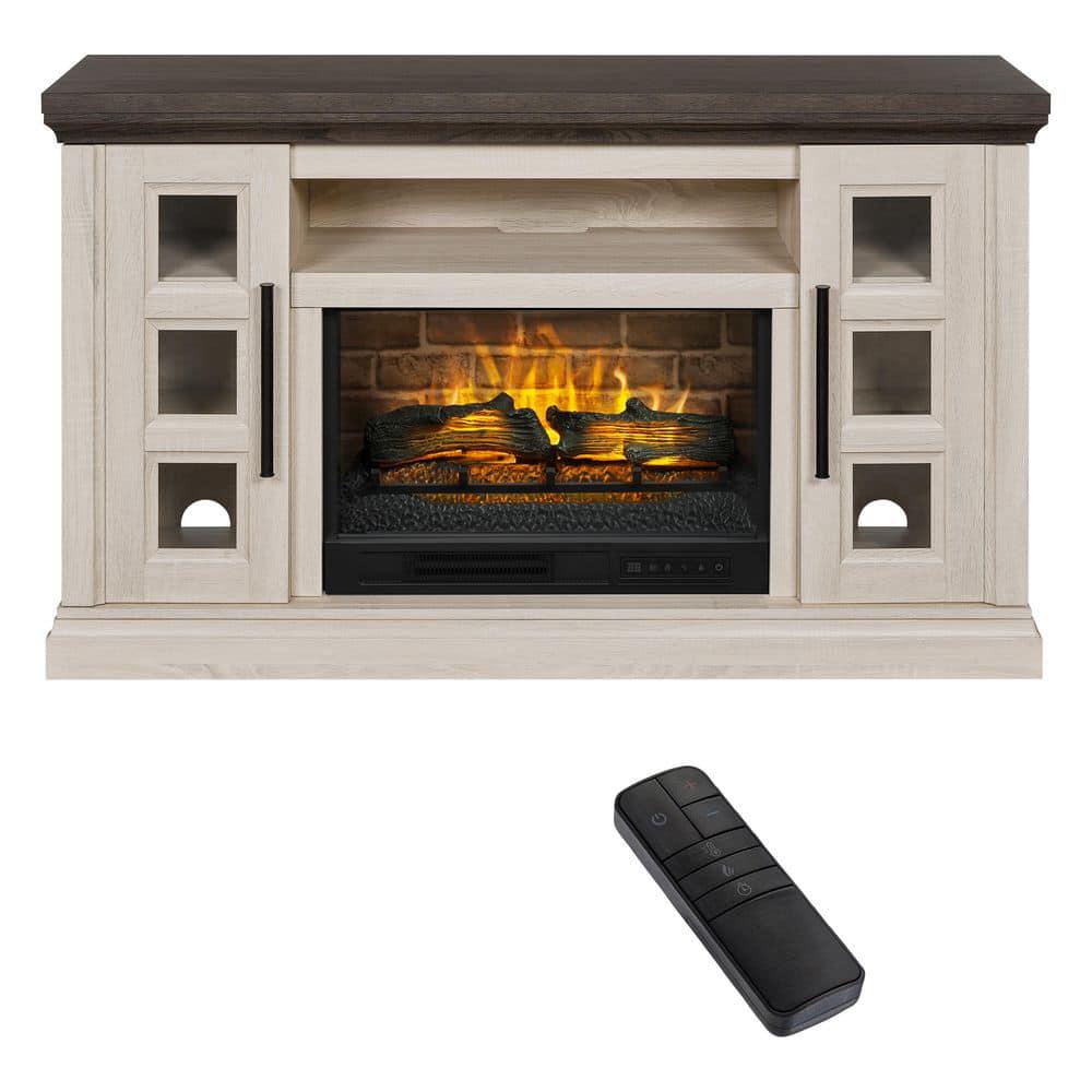 StyleWell Chelsea 58 in Freestanding Electric Fireplace TV Stand in Light Taupe Ash Grain w Charcoal Top