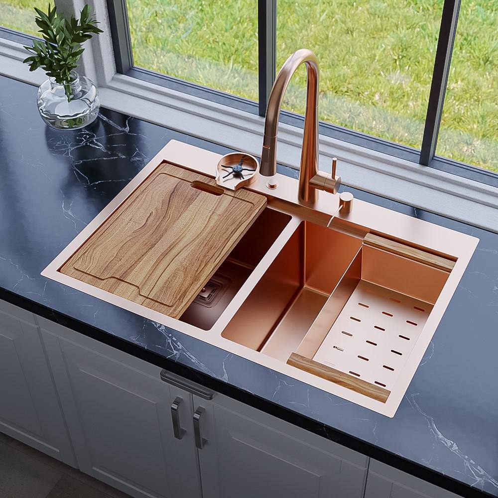 S STRICTLY KITCHEN + BATH TMR5050WS-Copper 16 Gauge Stainless Steel 33 in. Double Bowl Drop-In Workstation Kitchen Sink with Square Drains TMR5050WS-C