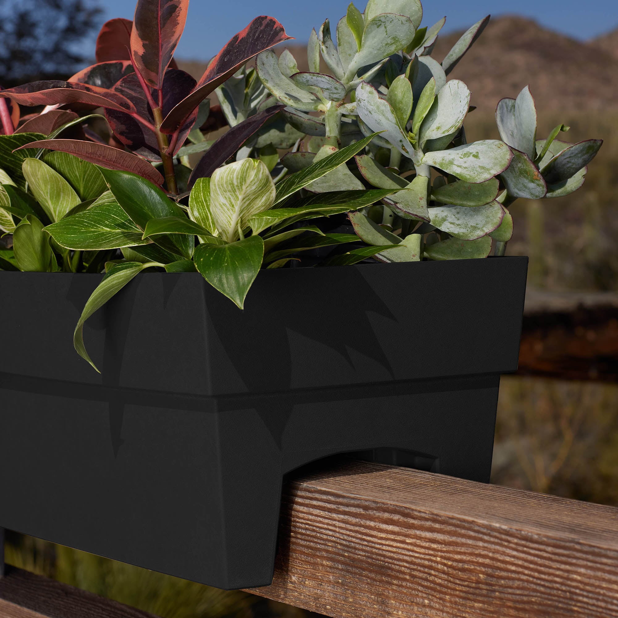 Bloem Finley Deck Rail Rectangle Planter: 24" - Black - Matte Finish, Fits Rail Sizes 3"-6", 100% Recycled Plastic Box, For Indoor and Outdoor Use, Gardening, 7.5 Gallon Capacity